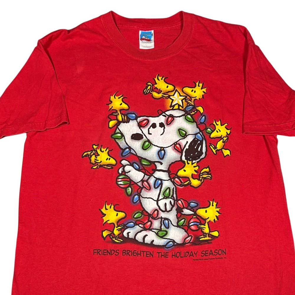 Vintage T-Shirt Peanuts Mens L Red Snoopy Woodstock Christmas Graphic Excellent - Picture 1 of 4